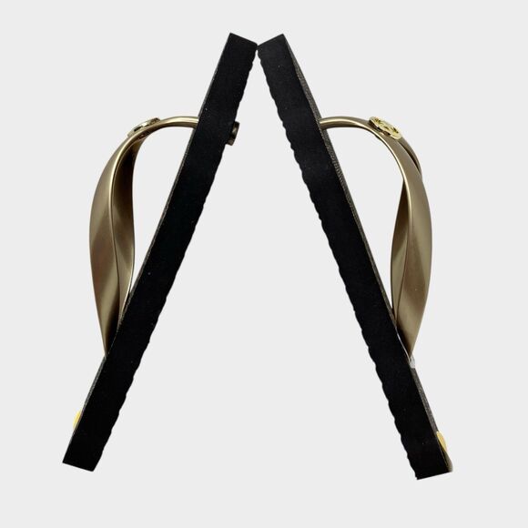 Michael Kors Jet Set Womens 11 Brown Flip Flops Gold Sandals Beach PVC Signature - Picture 9 of 12